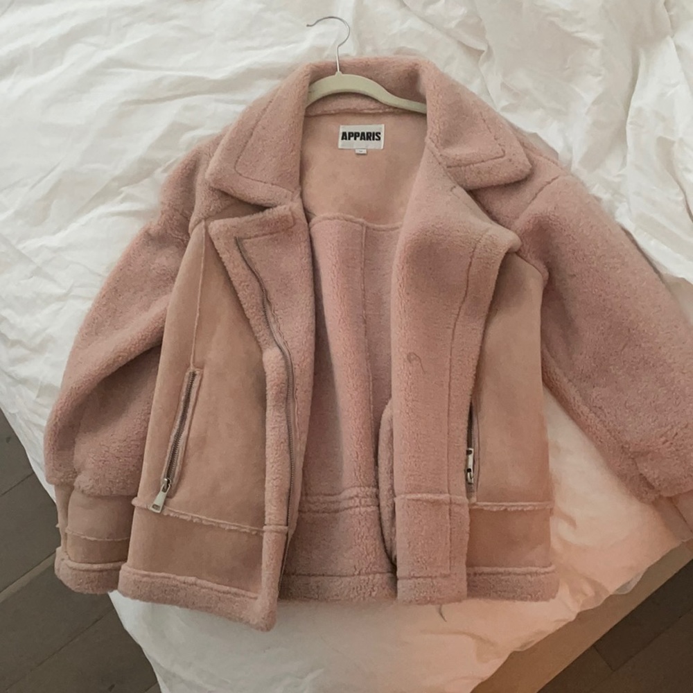 Apparis Pink Shearling Moto Jacket